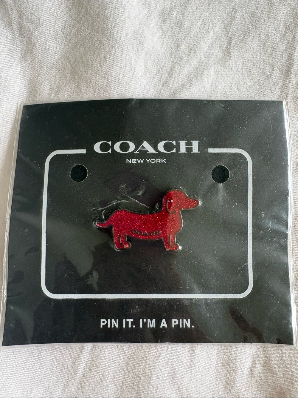 Coach Red Glitter Dachshund Enamel Pin NIP Brand New On Card